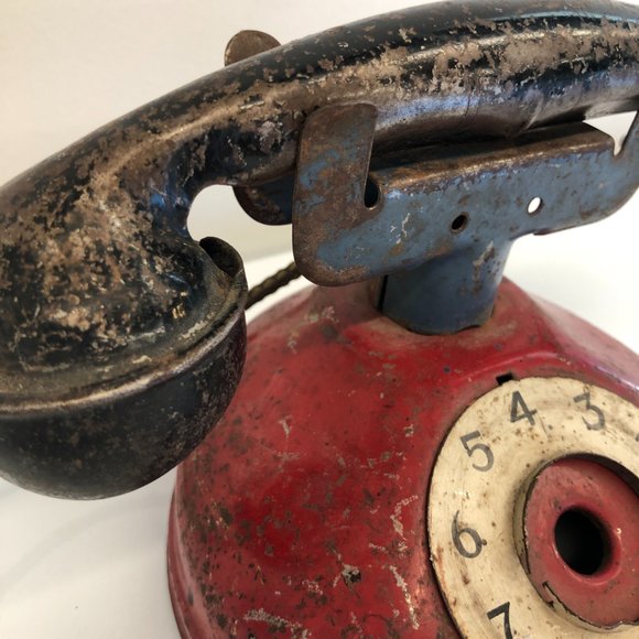 Antique Vintage Red Toy Metal Phone with Cord - Picture 4 of 5